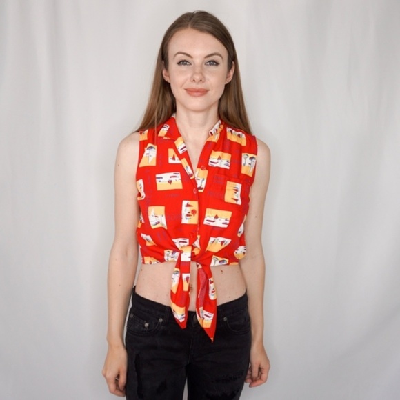 Vintage Tops - Liz Claiborne Vintage Abstract Red Tie Up Crop Top